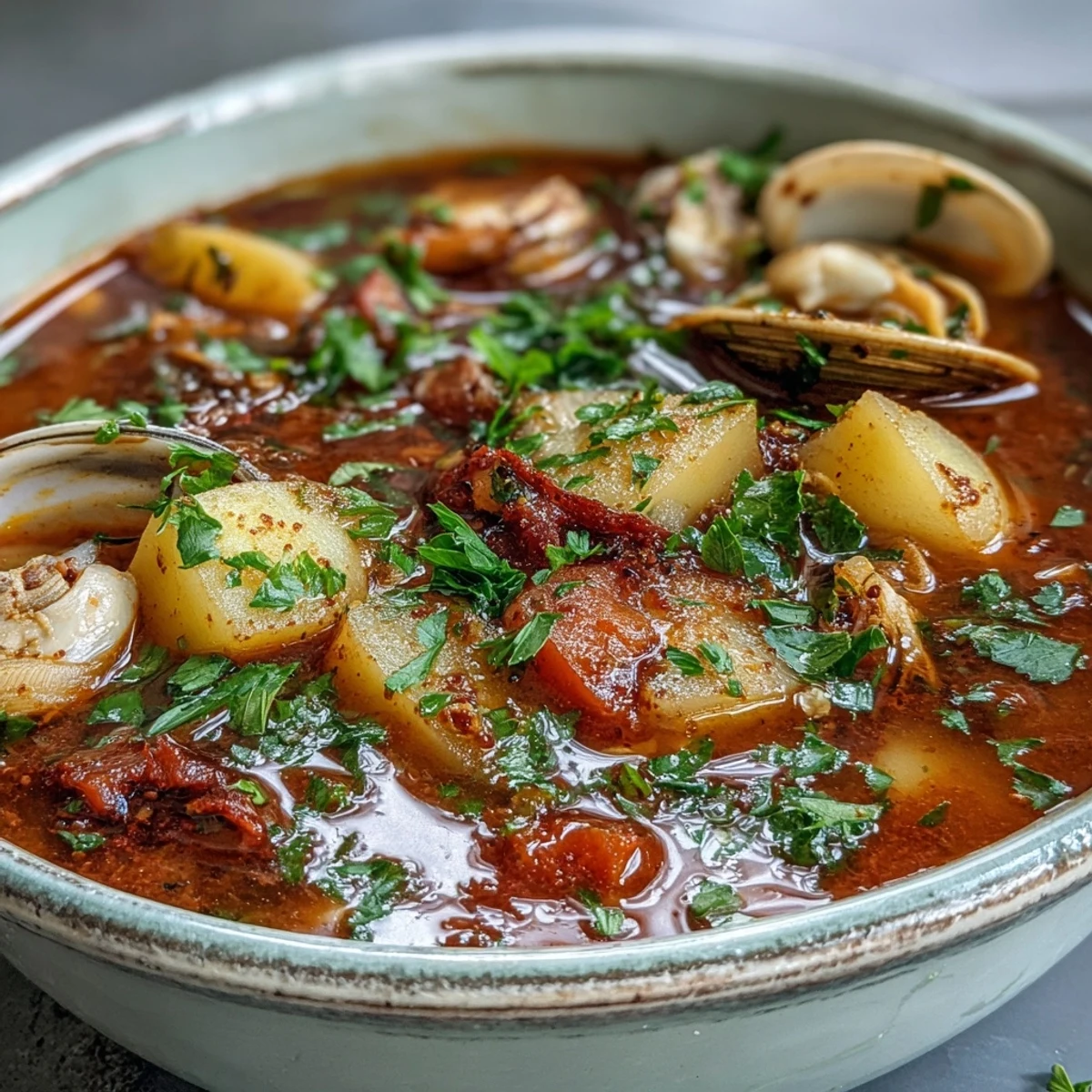 A warm bowl of homemade Manhattan Clam Chowder with diced potatoes, tender clams, and fresh parsley garnish.