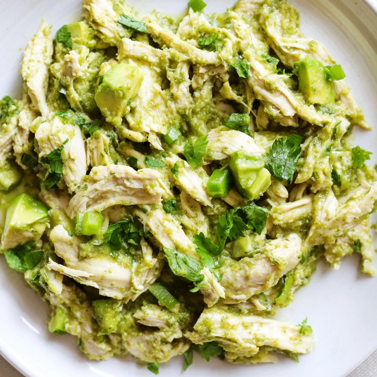 A bowl of homemade Chicken Chili Verde with tender shredded chicken simmered in a bright, tangy green tomatillo and pepper sauce, garnished with fresh cilantro and creamy avocado slices.