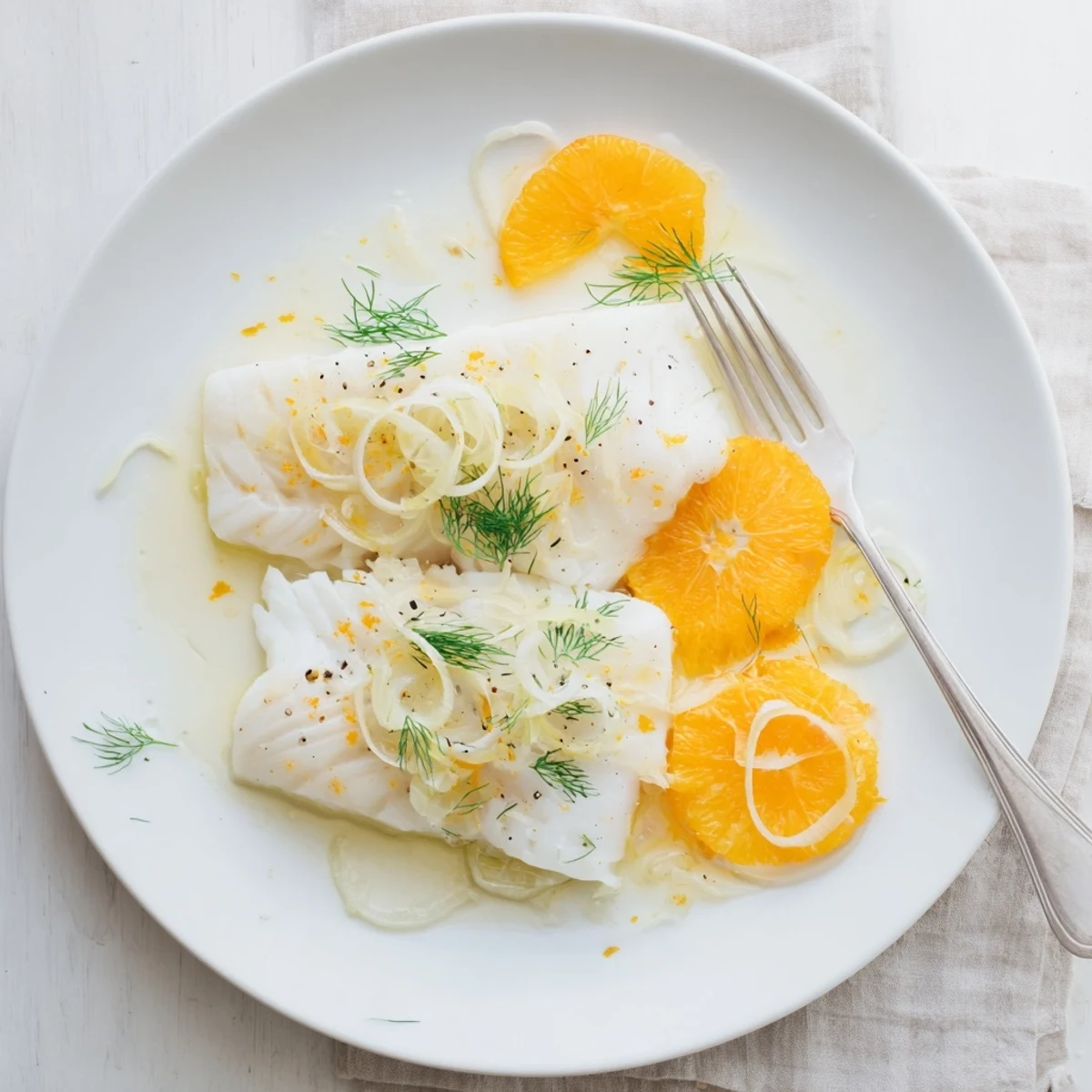 Bright Mediterranean poached cod with fennel and orange slices on a white ceramic plate, ready to serve.