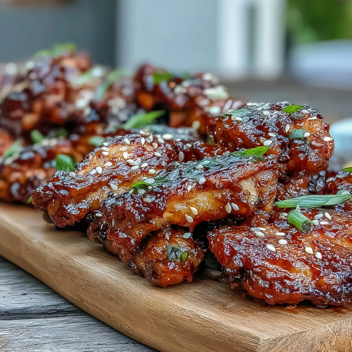 Freshly cooked Coca Cola Chicken Wings glisten with sticky, sweet brown glaze on a white platter garnished with green scallions and sesame seeds.