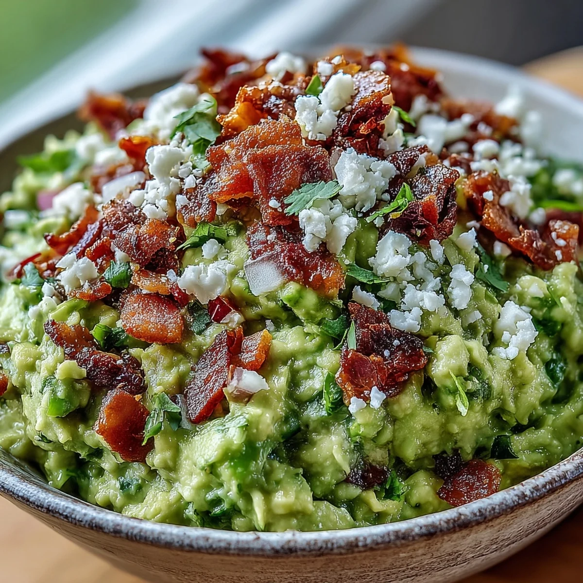 Close-up of Bacon Guacamole with Cotija Cheese showing creamy avocado, red onion, and jalapeños in a serving dish.