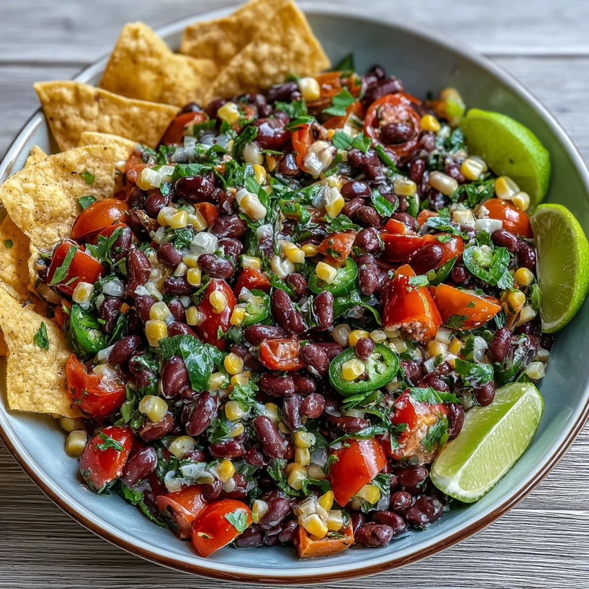 A vibrant Cowboy Caviar salad featuring black beans, corn, and red onion in a zesty lime dressing, served in a rustic ceramic bowl.