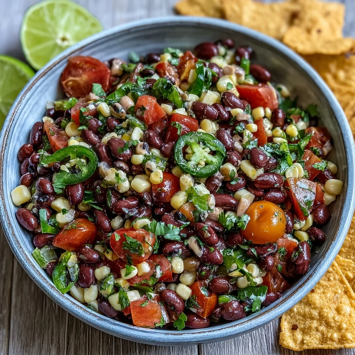 Freshly tossed Cowboy Caviar topped with cilantro, paired with grilled chicken for a delicious, protein-packed Tex-Mex meal.
