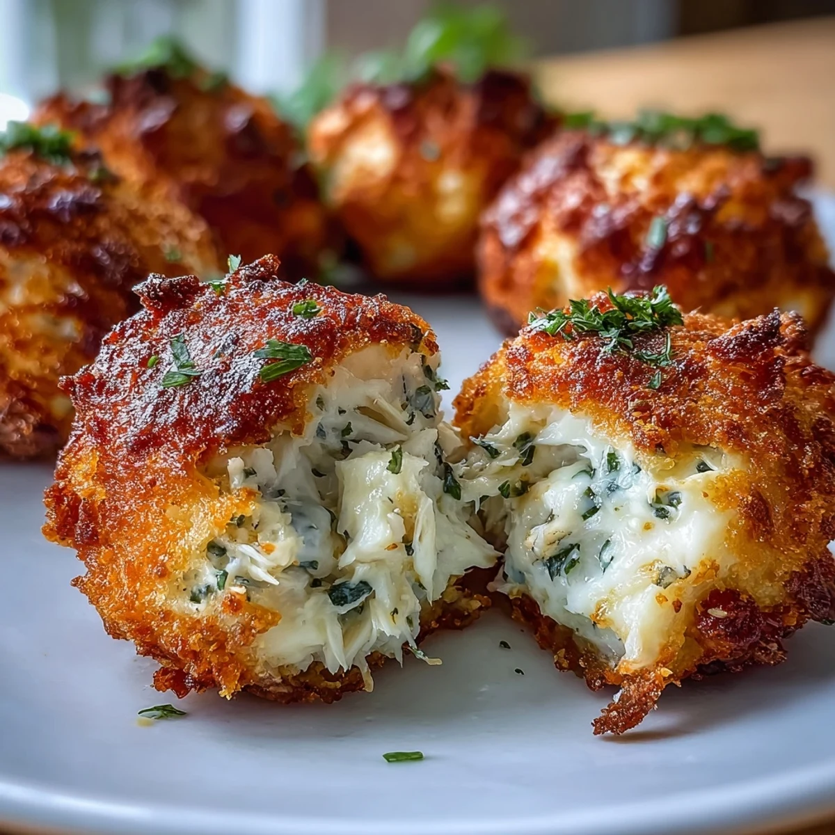 Golden-baked Cajun Crab Poppers with melted cheddar and panko topping on a tray.