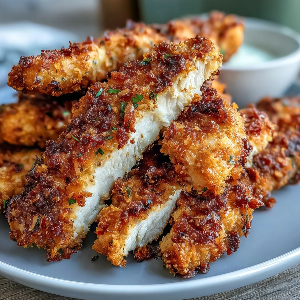 Basket of Air Fryer Chicken Strips with a golden brown crust, served fresh and hot.