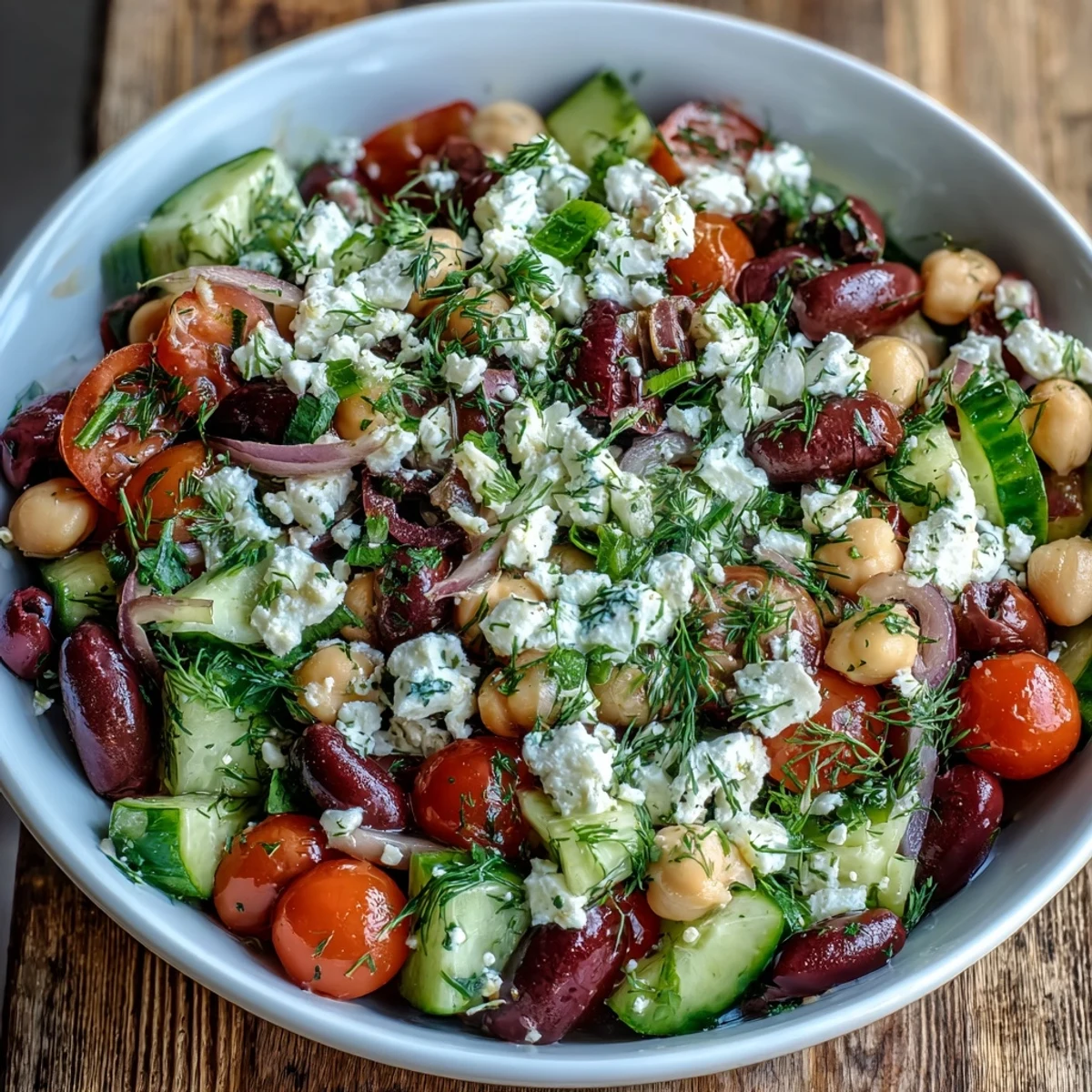 A bright Mediterranean bowl of Greek Bean Salad with Lemon Marinated Beans, cucumbers, tomatoes, and feta.