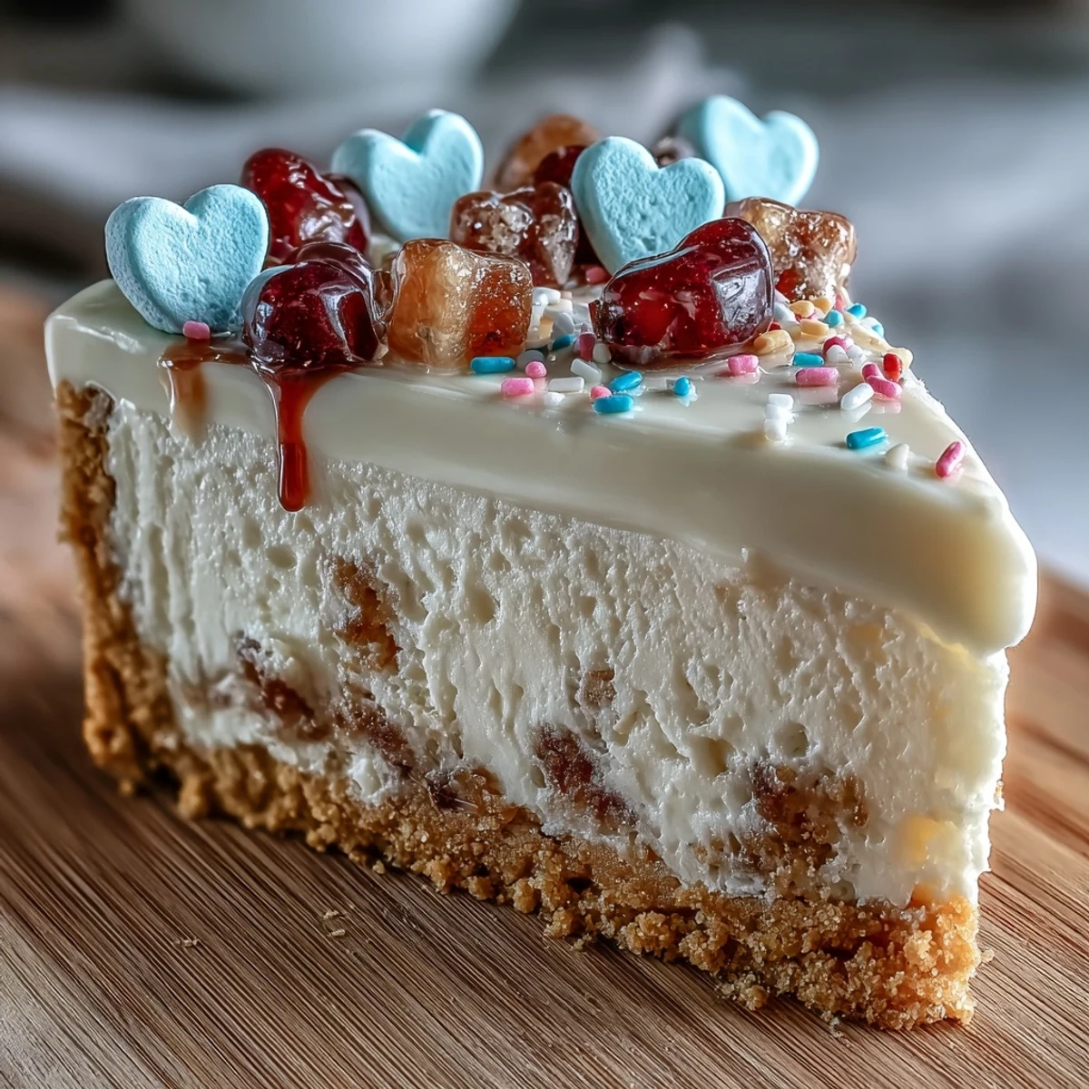 A slice of Candy Hearts Fake Cake reveals a creamy whipped cheesecake filling and a graham cracker crust, topped with colorful candy hearts.