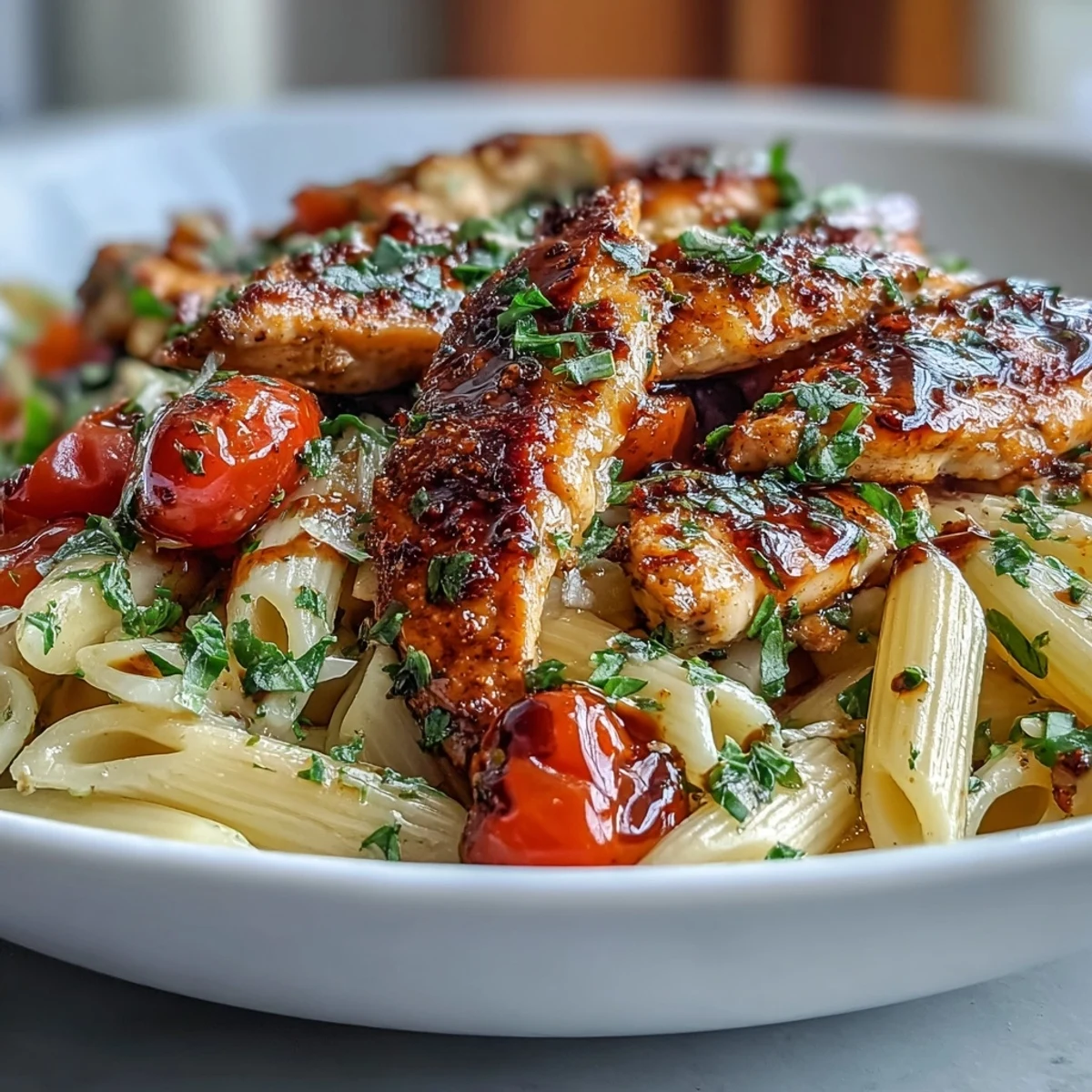 A close-up of golden Bruschetta Chicken Pasta showcases diced mozzarella, fresh basil, and a drizzle of balsamic over tender noodles.