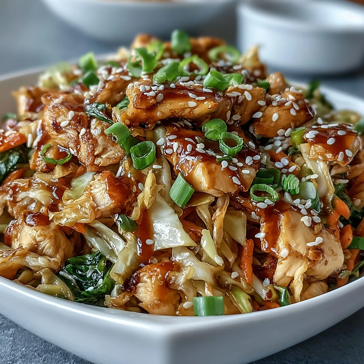 Steaming Egg Roll Bowls with Chicken and Cabbage in a skillet with garlic and ginger aromas.