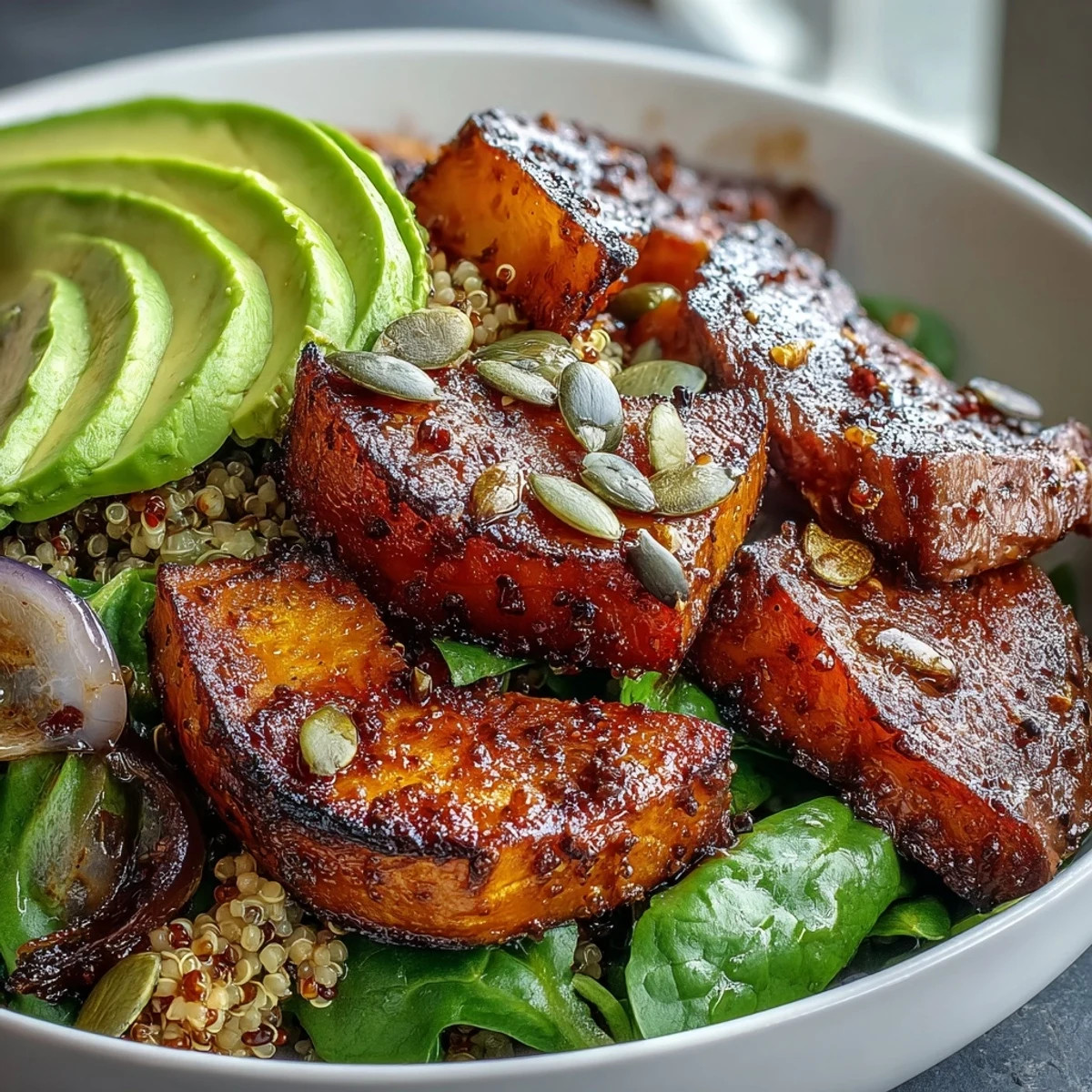 Golden roasted butternut squash steak bowls topped with creamy avocado and smoky steak slices.