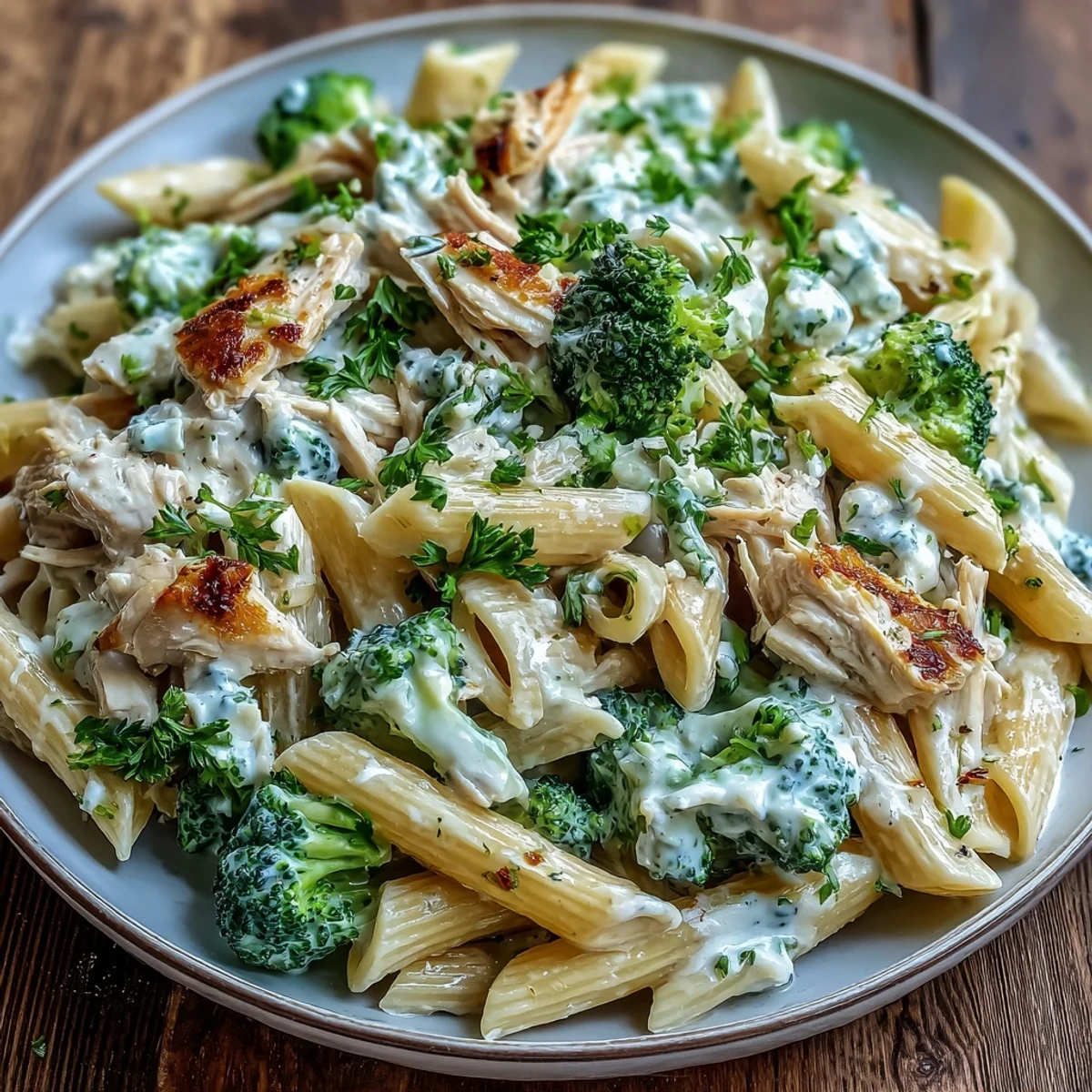 Creamy High Protein Rotisserie Chicken Broccoli Pasta is served steaming in a skillet with bright green florets.