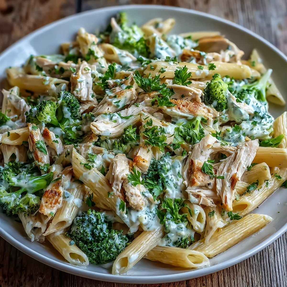 Savory rotisserie chicken and whole-wheat penne are tossed in a rich Greek yogurt sauce, garnished with parsley.