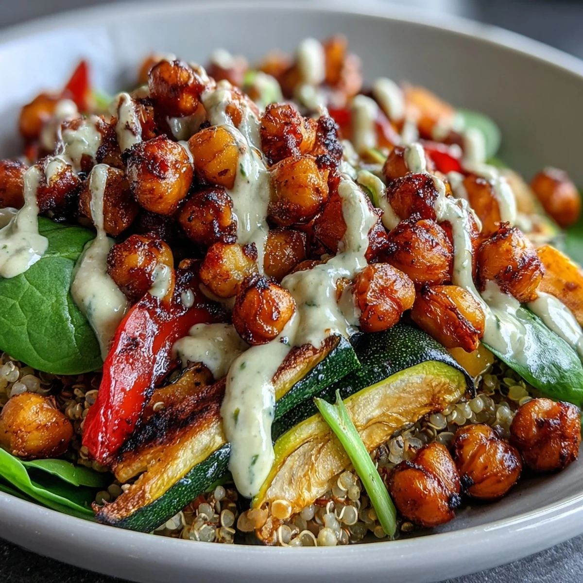 Golden roasted chickpeas, quinoa, and roasted vegetables in a bowl drizzled with creamy tahini dressing.