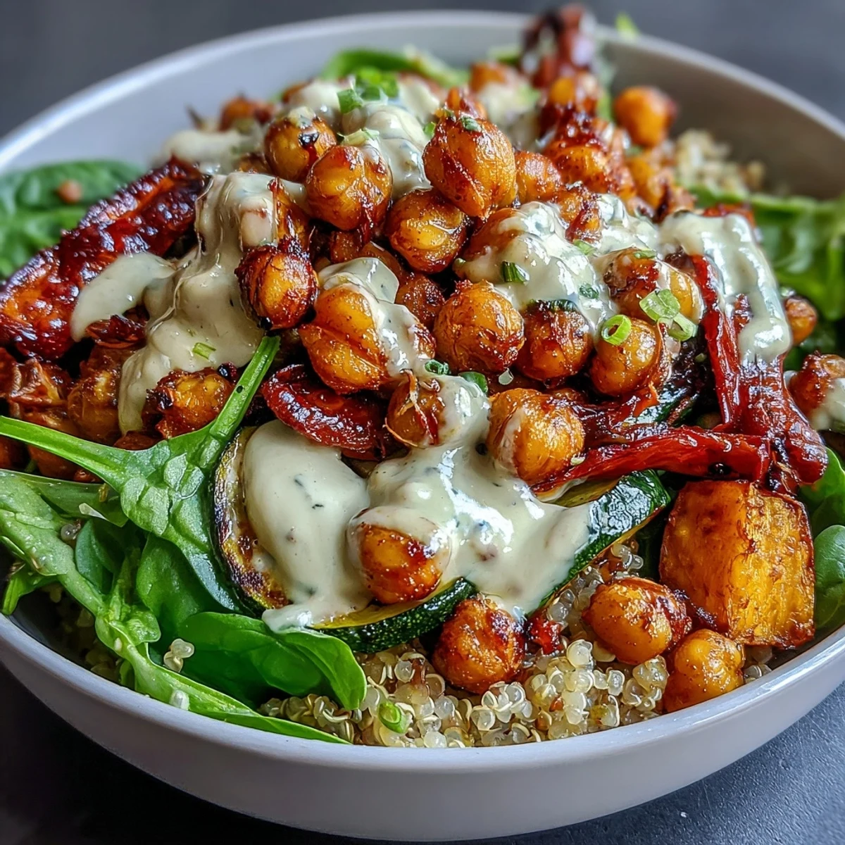 A close-up of a Roasted Chickpea Power Bowl showing sweet potato, red peppers, and a drizzle of tahini sauce.