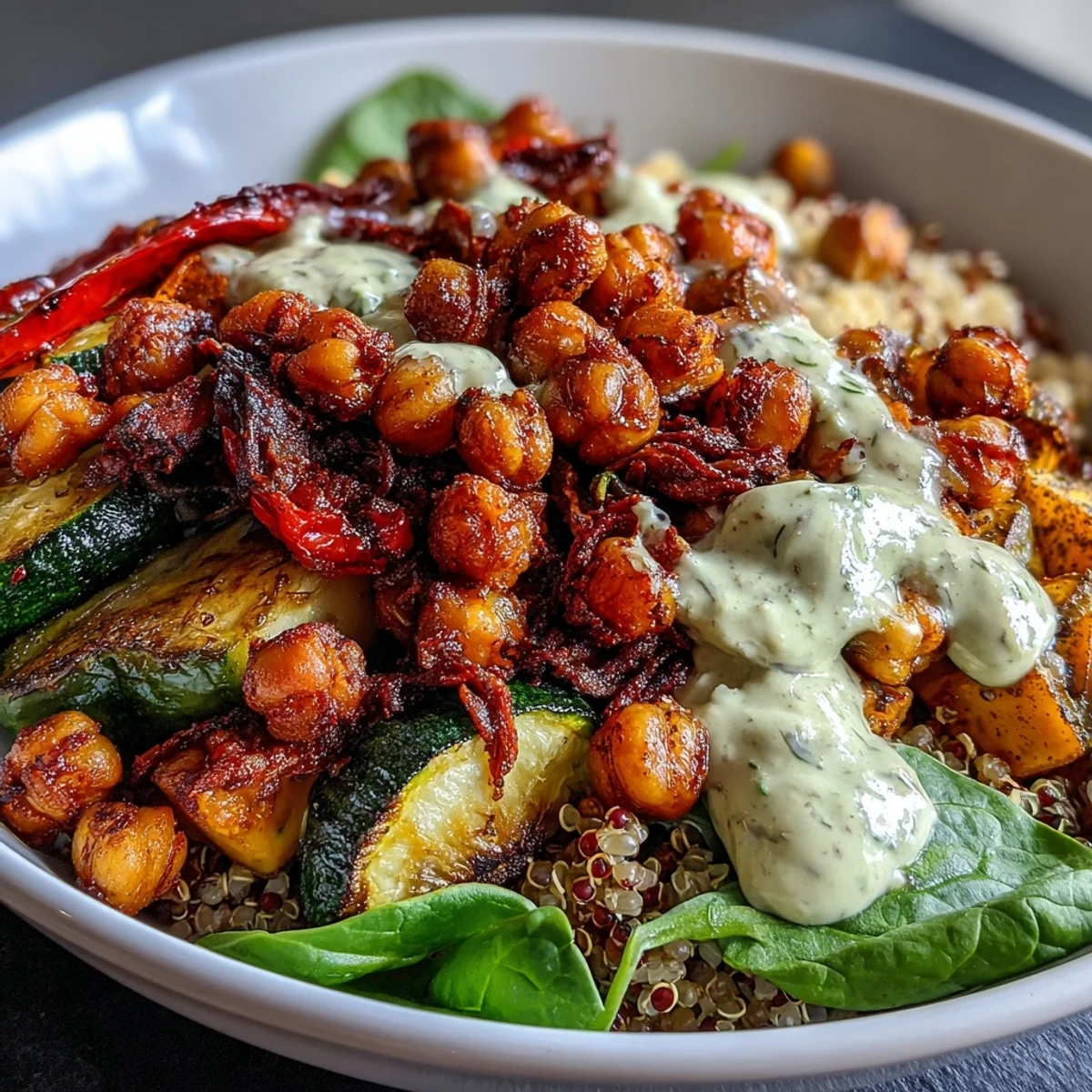 Crispy chickpeas and avocado slices top this nourishing Roasted Chickpea Power Bowl served over fresh spinach.
