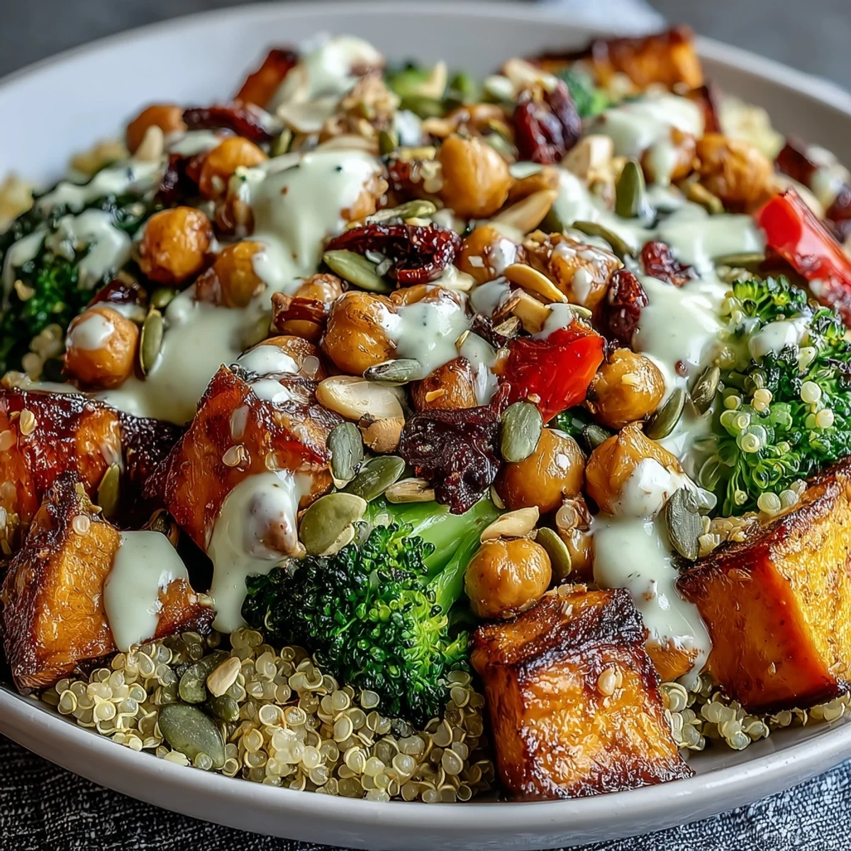 A colorful Meal Prep Week-Long Power Bowl with roasted sweet potatoes, broccoli, chickpeas, and a creamy tahini dressing.