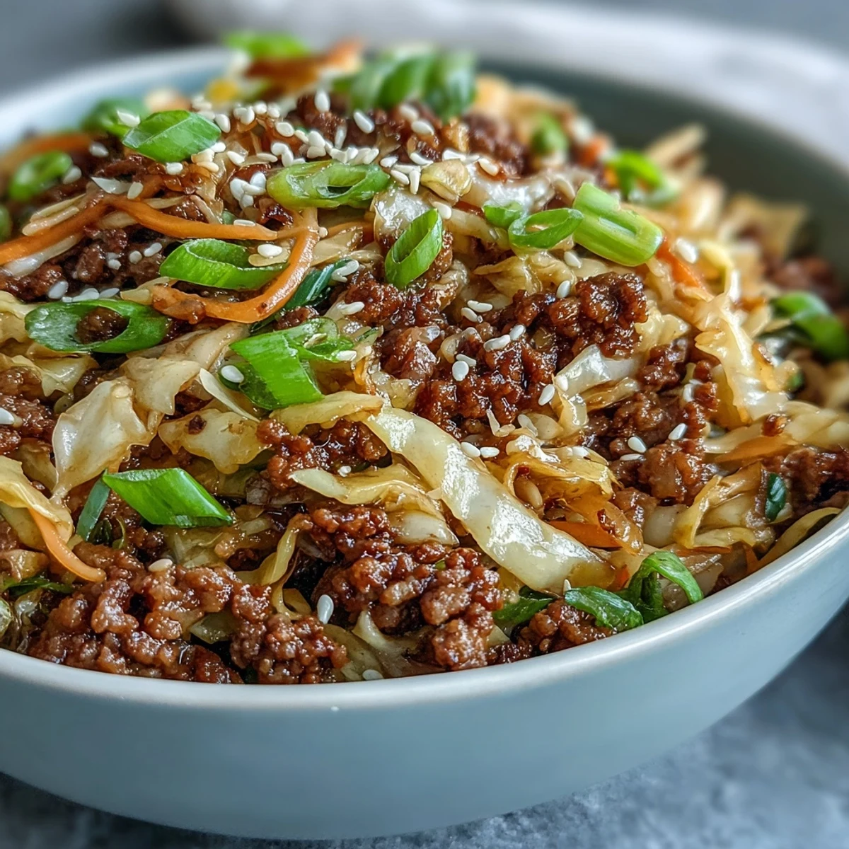 Sizzling ground pork and crisp cabbage slaw mix flavorfully fill the skillet for this low carb Egg Roll in a Bowl.