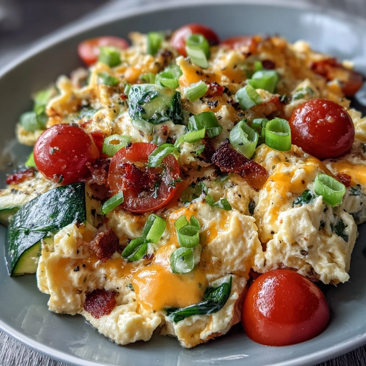 Fluffy Scrambled Egg and Veggie Bowl with melted cheddar, sautéed bell peppers, spinach, and fresh cherry tomatoes.