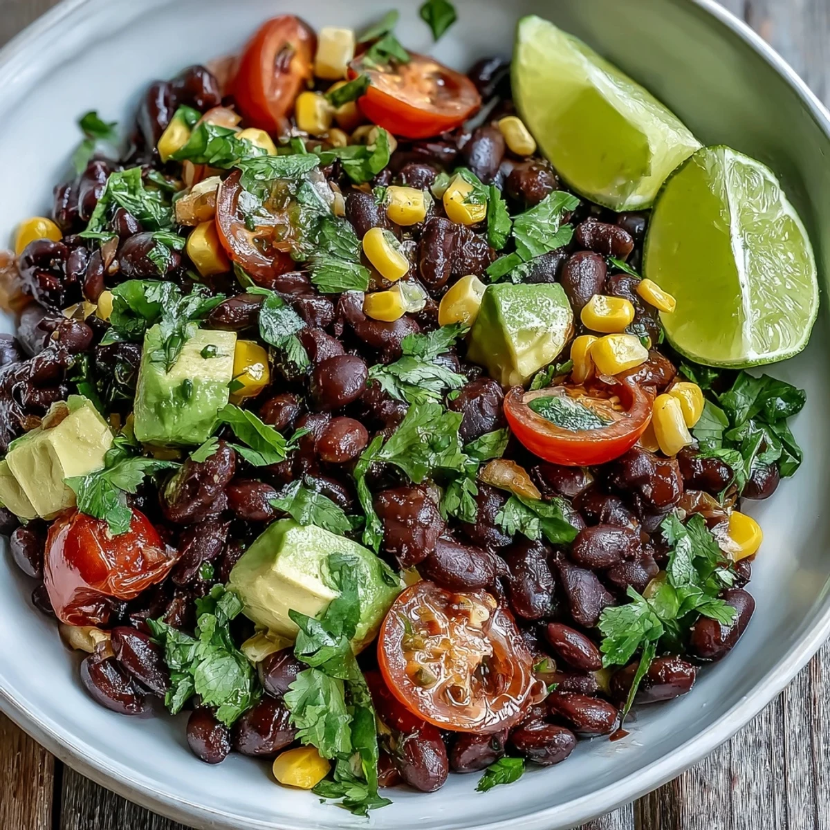 Freshly prepared Black Bean and Veggie Bowl with diced avocado and juicy cherry tomatoes on a rustic table.