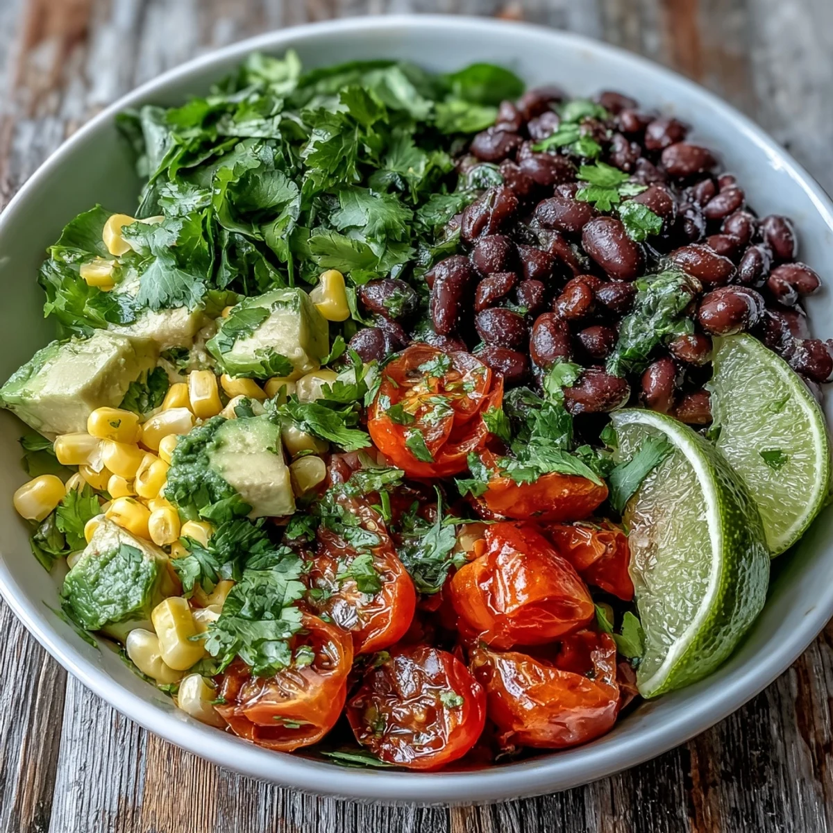 Colorful Black Bean and Veggie Bowl topped with cilantro, sweet corn, and creamy avocado, ready to serve.