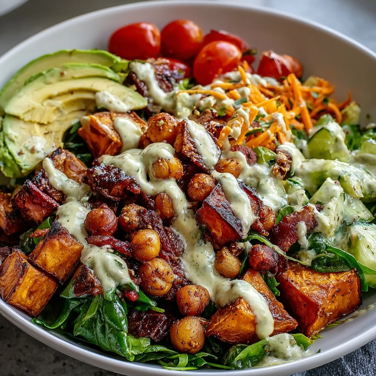 Vibrant Breakfast Buddha Bowl with roasted sweet potatoes, crispy chickpeas, and creamy tahini dressing on mixed greens.