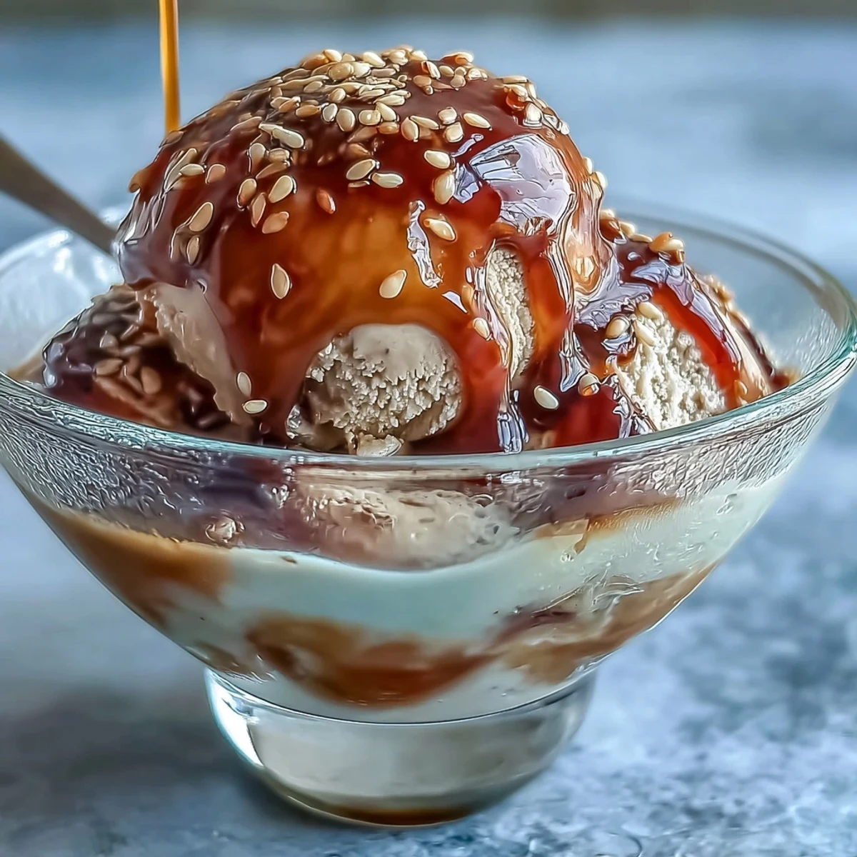 Hojicha Affogato featuring creamy vanilla ice cream melting beneath a pour of hot, roasted tea.