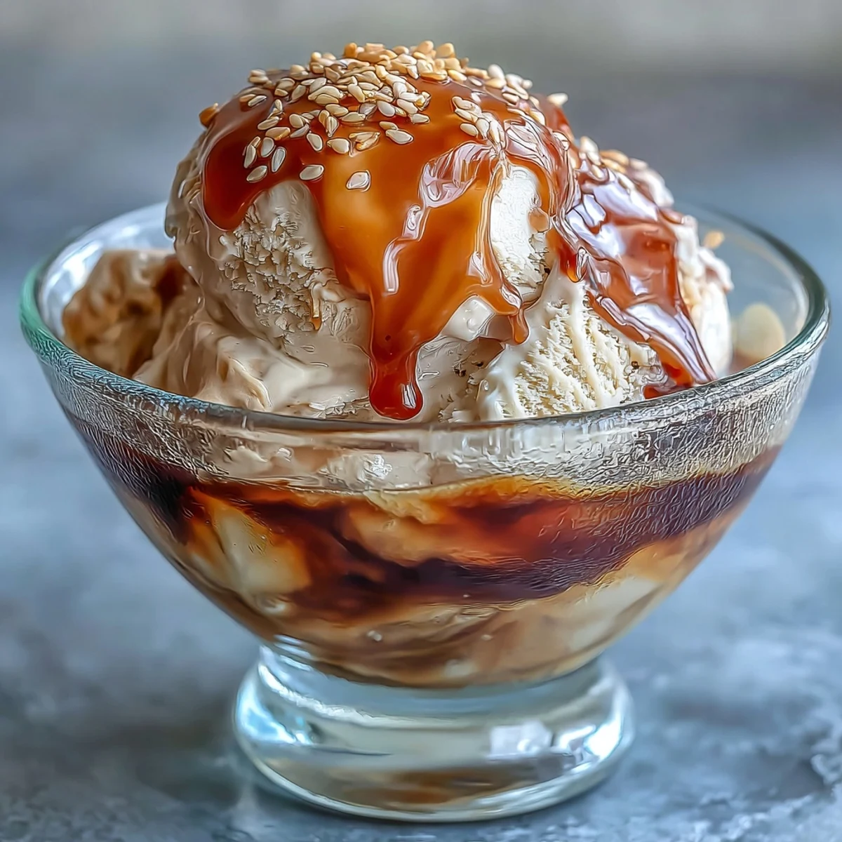 A scoop of vanilla ice cream melting into hot, roasted hojicha tea in a glass.