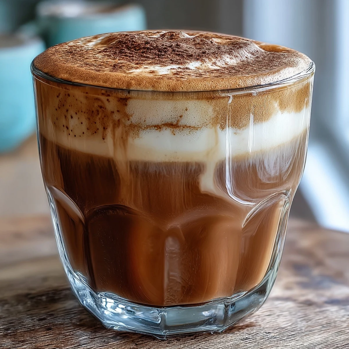 A close look at a Hojicha Cortado revealing deep brown hues and velvety steamed milk.
