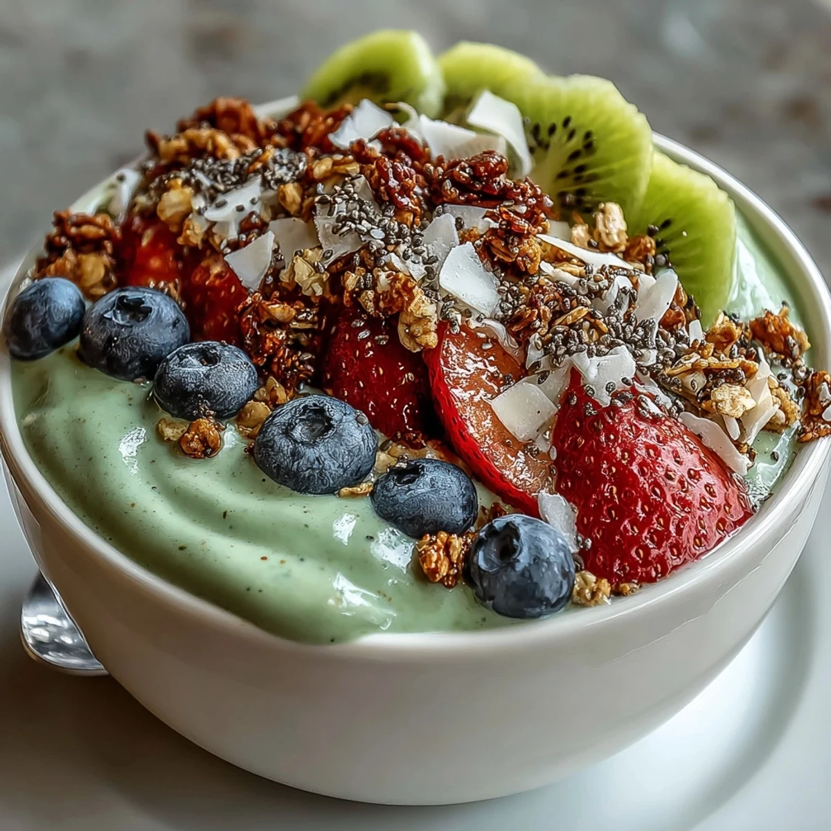 Creamy Hojicha Smoothie Bowl with sliced kiwi and berries, served in a rustic ceramic bowl.