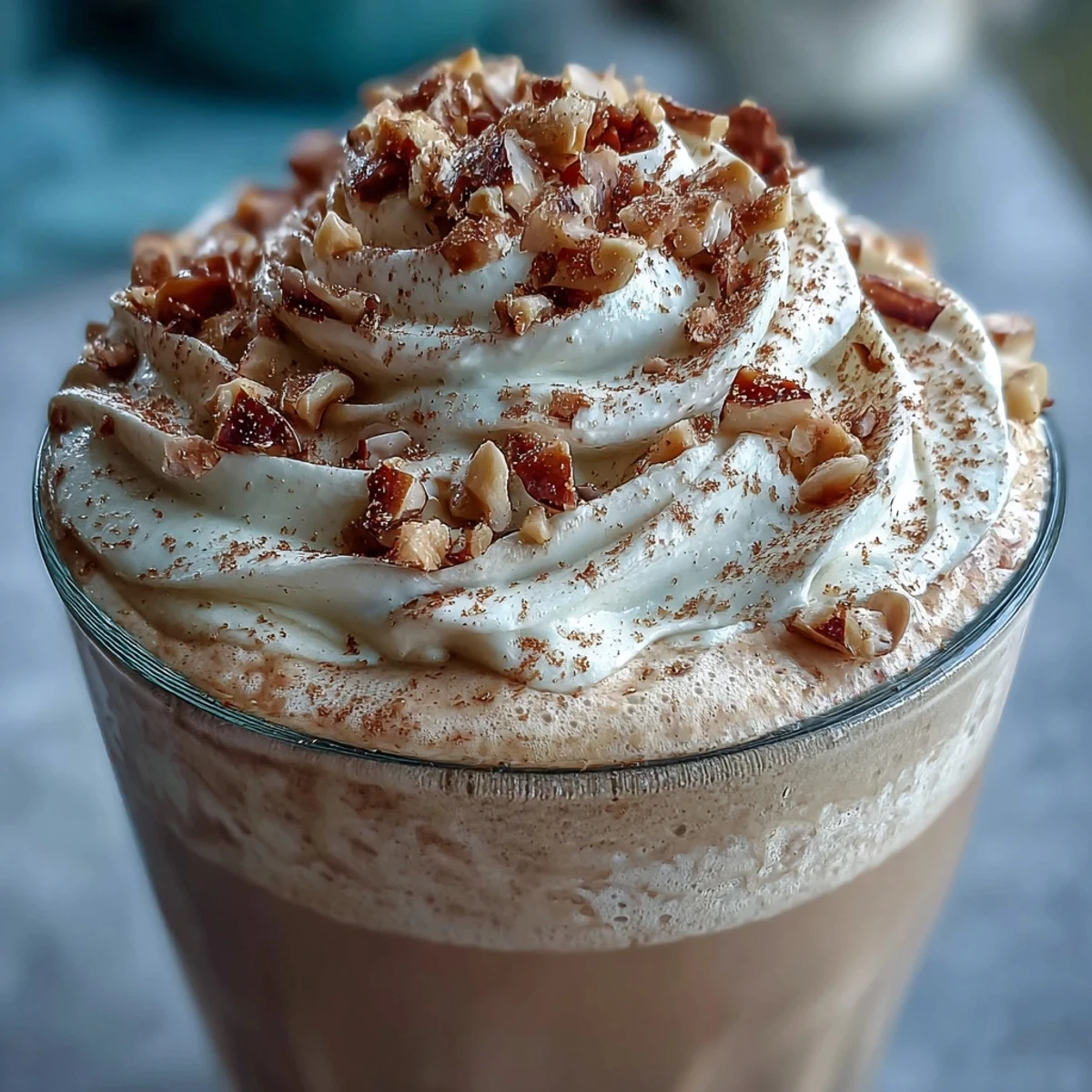 A creamy Hojicha milkshake in a tall glass, garnished with crushed nuts and a straw, ready to sip.