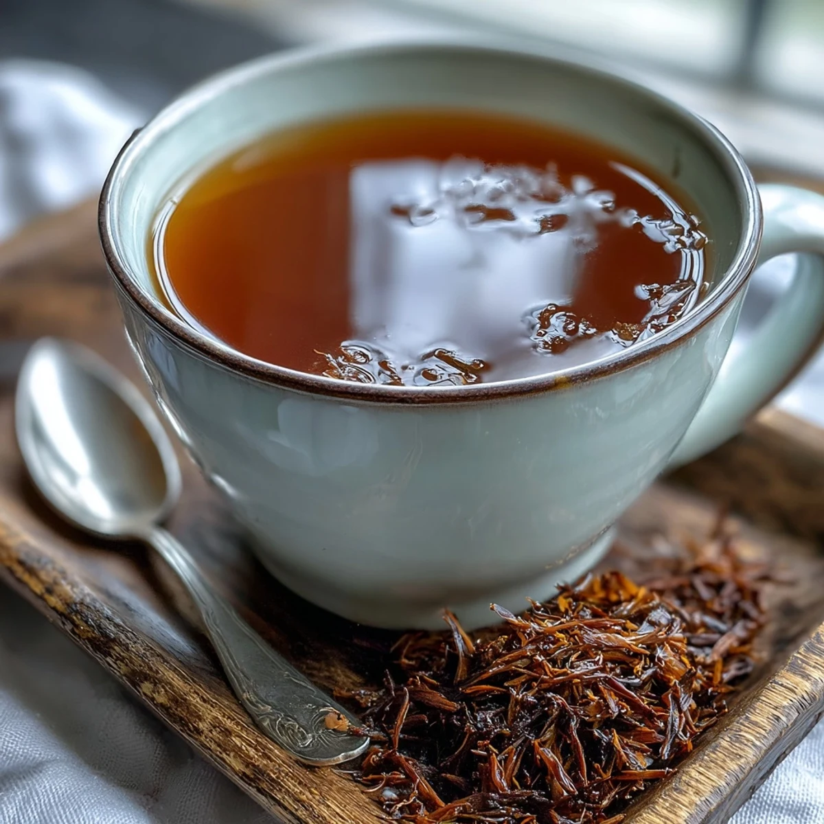 A close-up of Hojicha Americano in a clear glass mug, revealing its deep amber hue and steam rising.