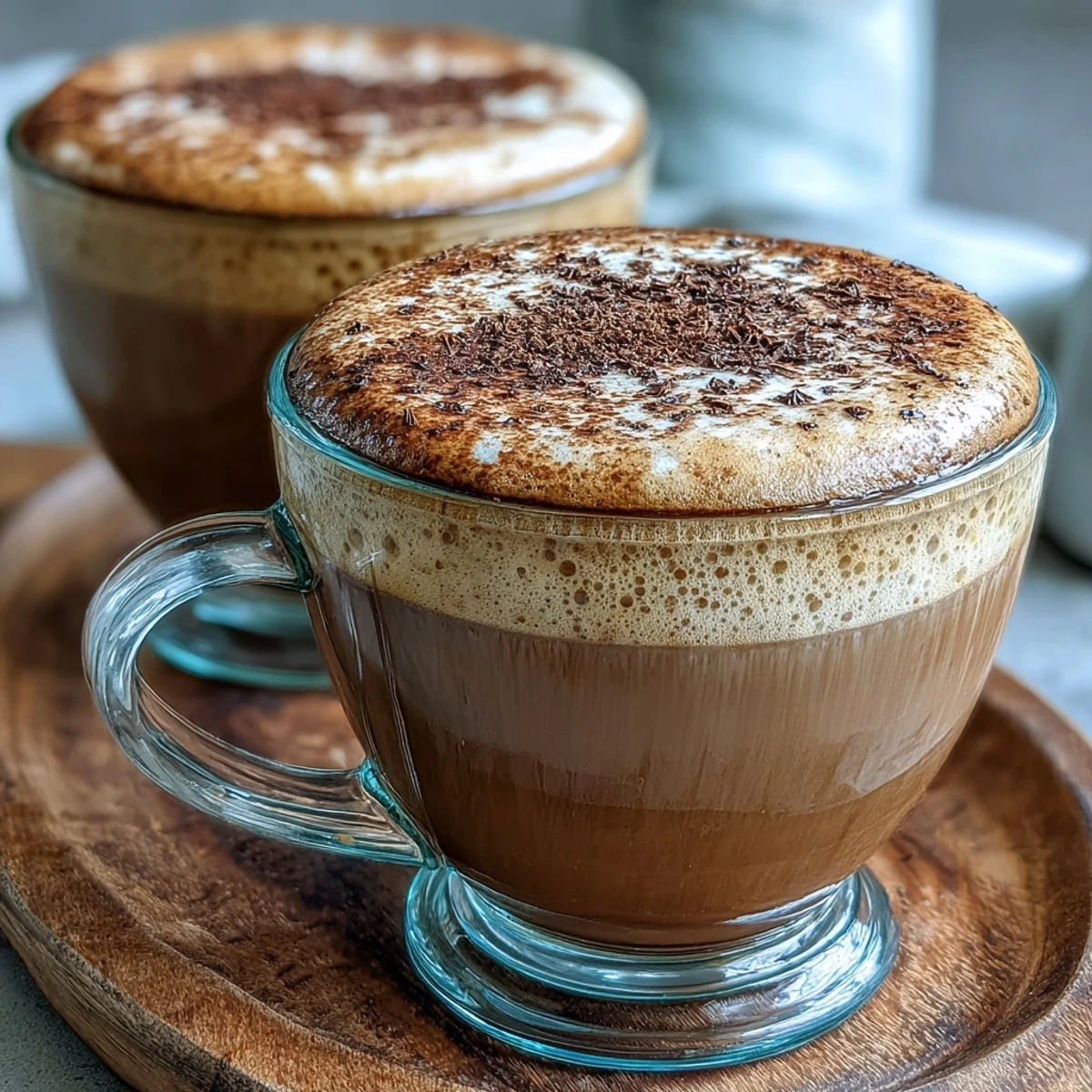Creamy steamed milk and foamy top over roasted hojicha cappuccino in a rustic mug.