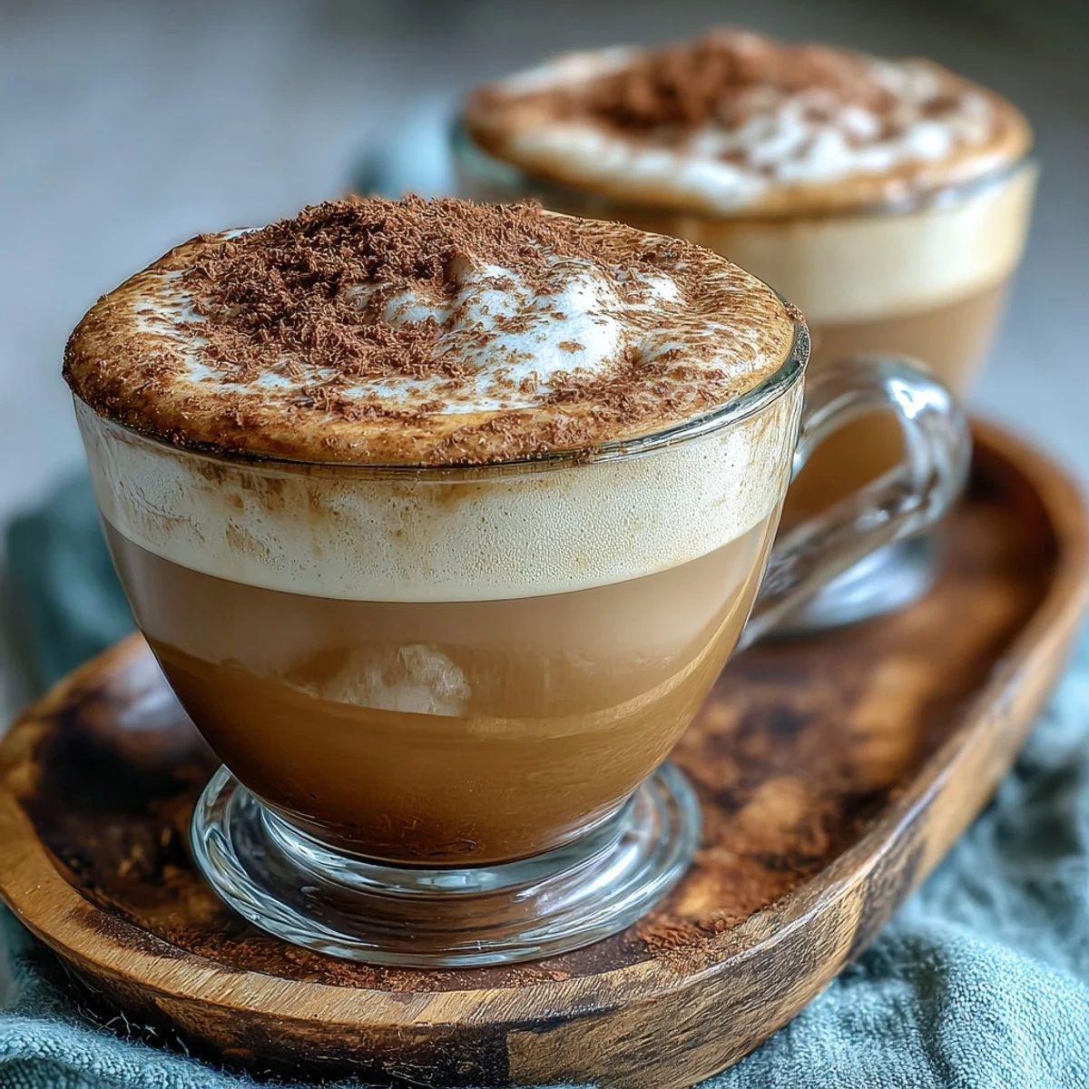 Two servings of aromatic Japanese hojicha cappuccino with a cinnamon dusting beside pastries.