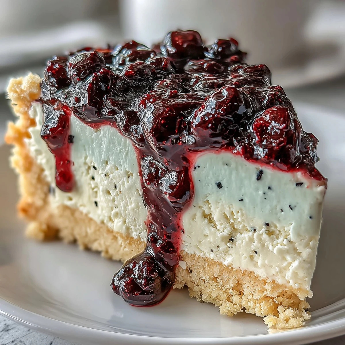 A close-up view of Lemon Blueberry Shortbread Mousse Cake showcases the delicate layers and a garnish of fresh lemon zest and ripe blueberries.
