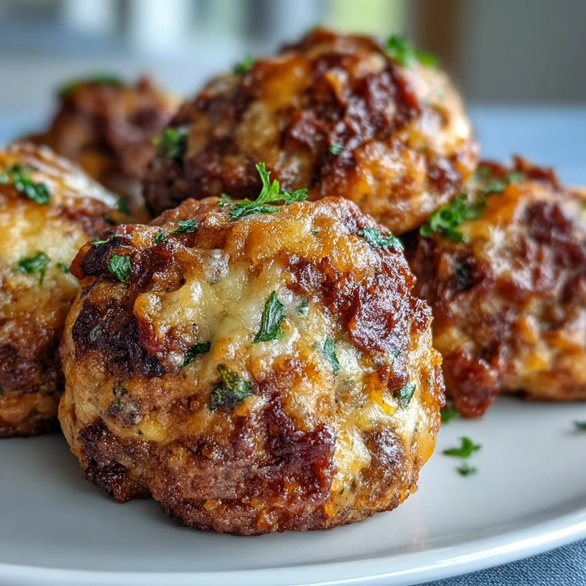 Golden-brown Rotel Sausage Balls fresh from the oven, featuring a crispy exterior and visible chunks of tomato and green chili.