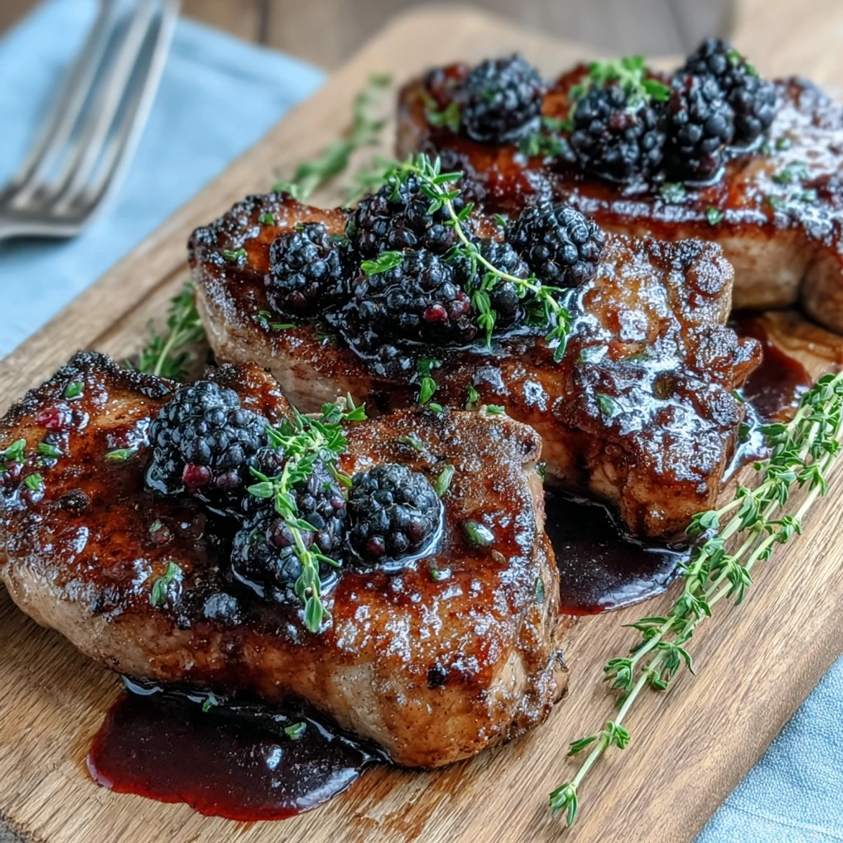 Garnished with fresh thyme, these Bourbon Blackberry Pork Chops feature a rich, dark glaze pooling on juicy, pan-seared meat.