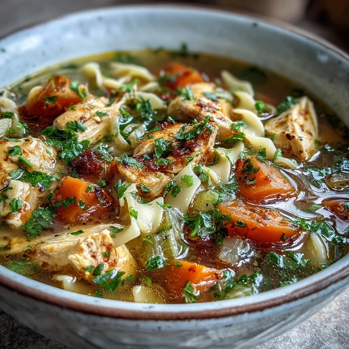 A spoon lifts tender chicken and egg noodles from the aromatic Ginger Turmeric Chicken Soup.