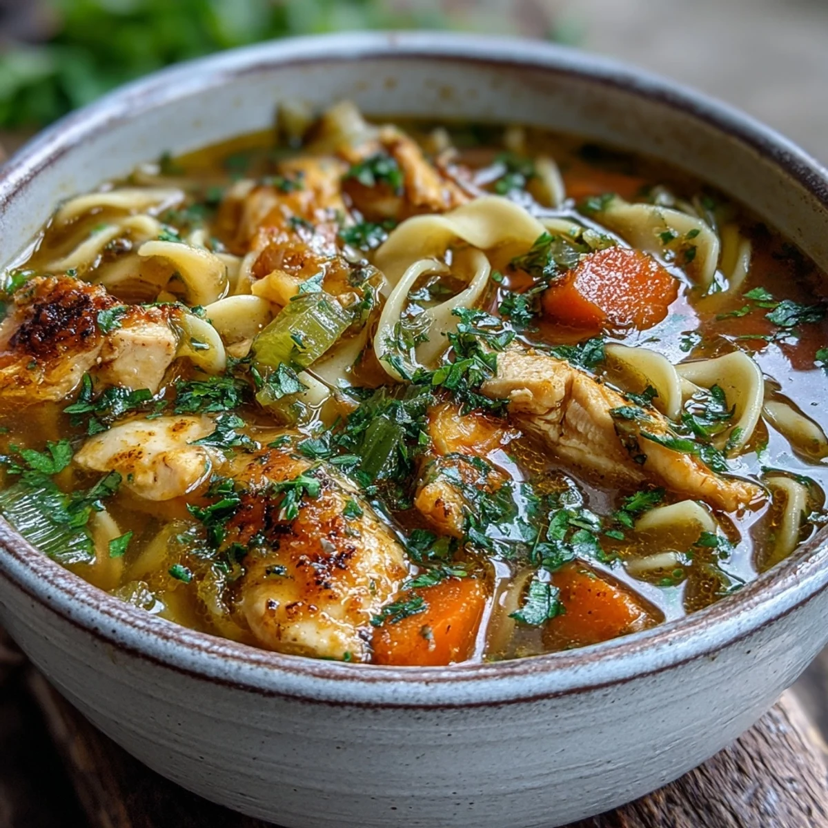 Hearty Ginger Turmeric Chicken Soup in a rustic bowl, served with crusty bread on the side.