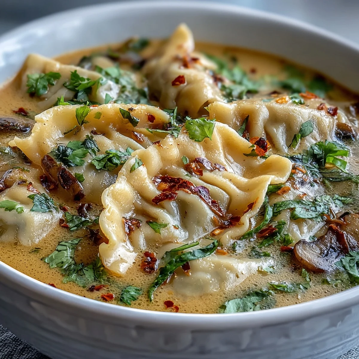 Close-up of Quick Coconut Curry Soup with Dumplings in a rustic bowl, garnished with crunchy garlic, vibrant vegetables, and steam rising.
