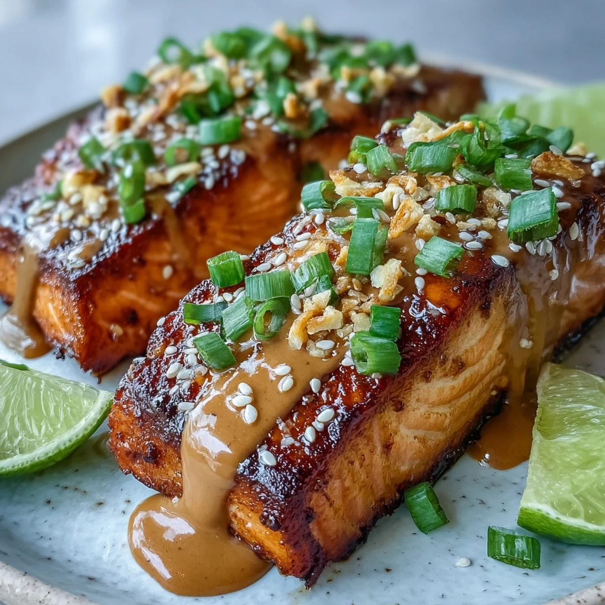 Freshly baked Bang Bang Salmon fillets on a baking sheet, drizzled with creamy, vibrant pink sauce and garnished with green onions and sesame seeds.