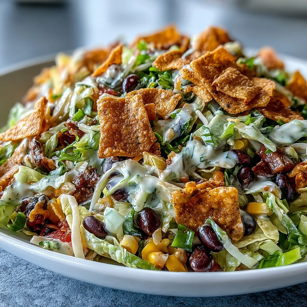 Frito Cowboy Cabbage salad with Chili Cheese Fritos, black beans, and fresh jalapeños tossed in creamy chipotle dressing.
