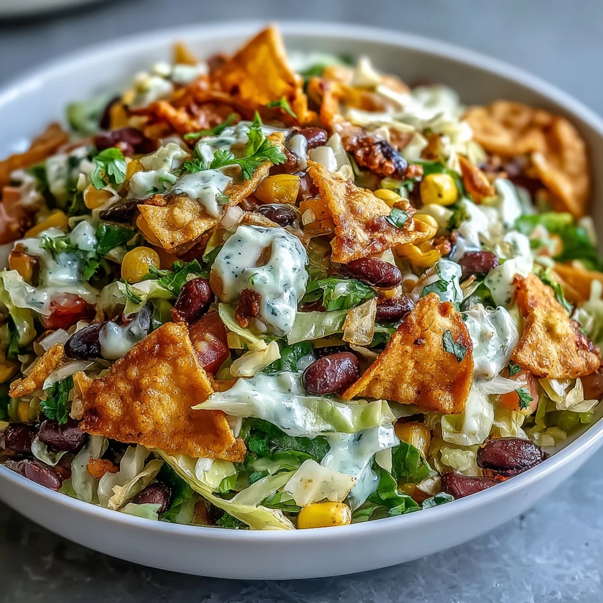 A close-up of Frito Cowboy Cabbage in a serving bowl, topped with extra crunchy Chili Cheese Fritos and fresh cilantro.