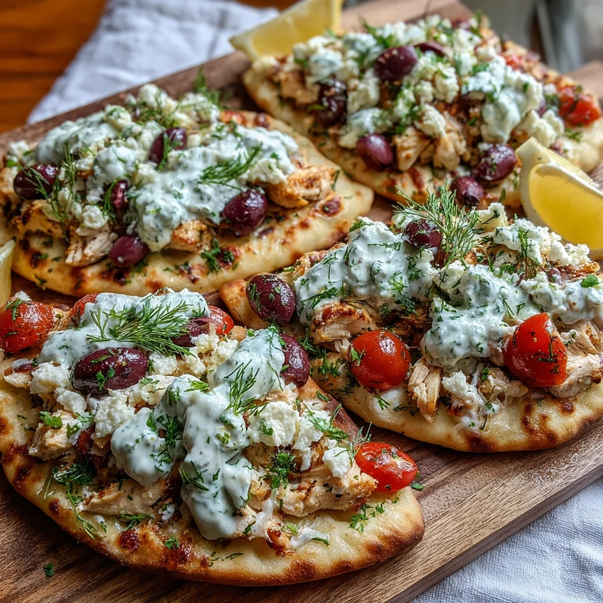Freshly baked Lemon Feta Chicken Naan Pizza with melty mozzarella, sliced Kalamata olives, and vibrant red onions, topped with creamy tzatziki drizzle.