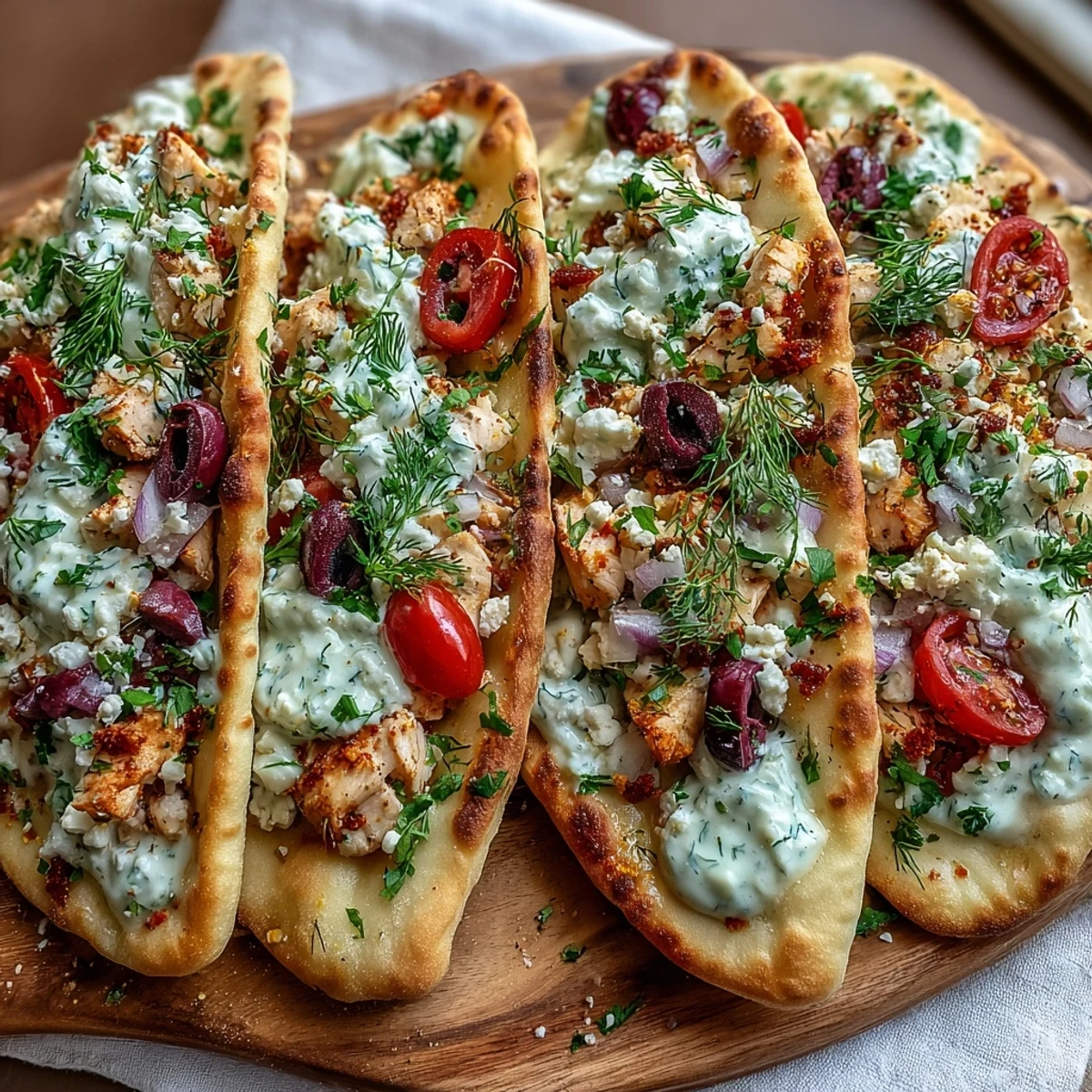 A close-up of a hot Lemon Feta Chicken Naan Pizza, featuring juicy chicken, black olives, and red onions, drizzled with cool, creamy tzatziki sauce.