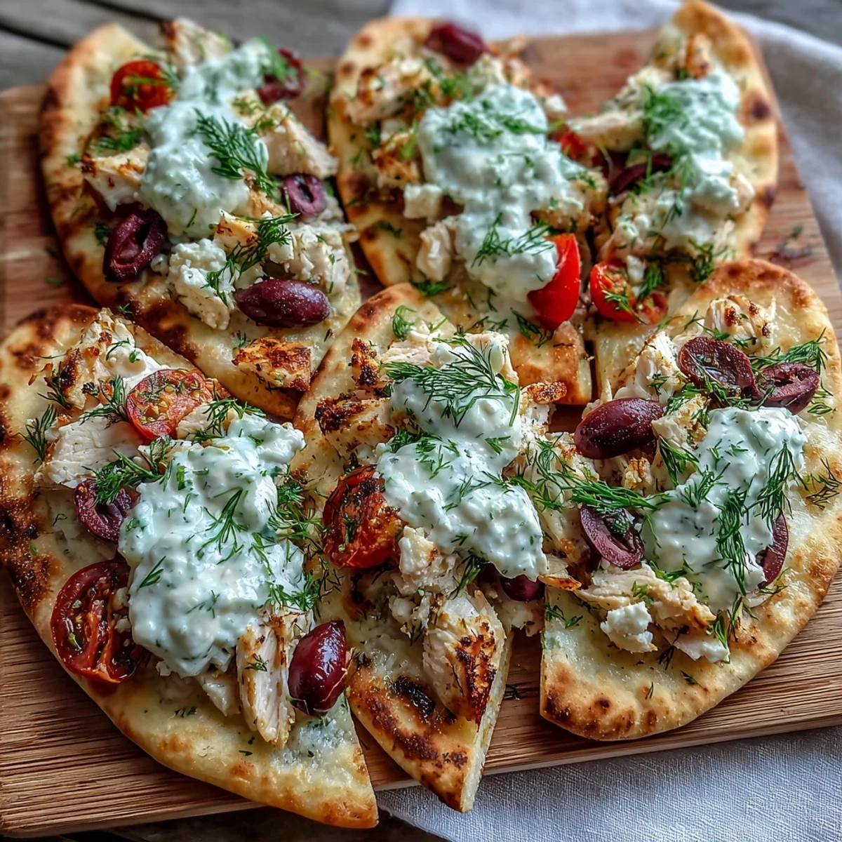 Golden crisp naan bread base topped with tender lemon chicken, crumbled feta cheese, halved cherry tomatoes, and fresh dill, served as a quick Mediterranean dinner.