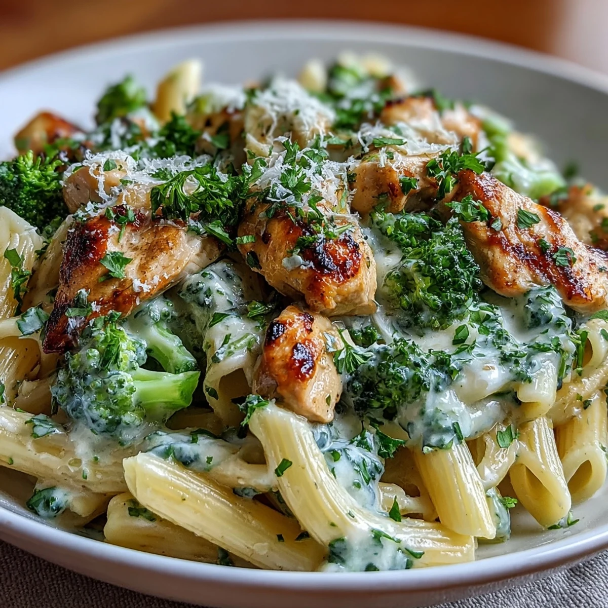Close-up of Garlic Parmesan Broccoli & Chicken Pasta showing tender chicken, broccoli, and creamy sauce on penne.
