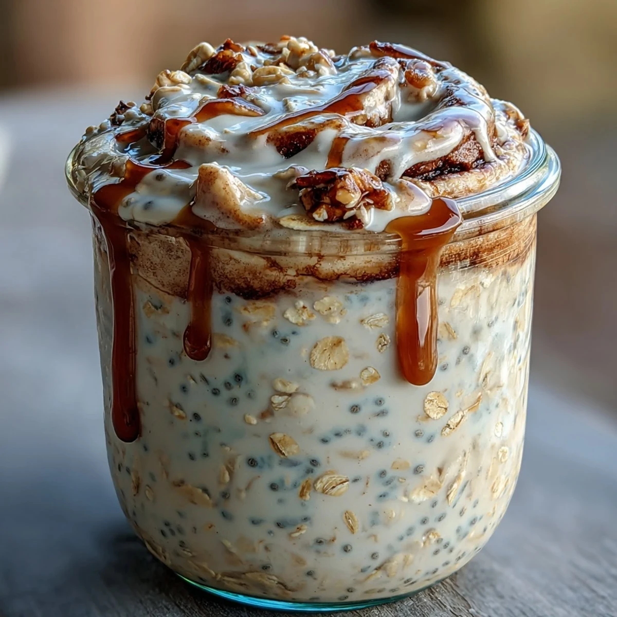 Spoon showing High-Protein Cinnamon Roll Overnight Oats topped with cream cheese drizzle, cinnamon dusting, and pecans on a wooden table.