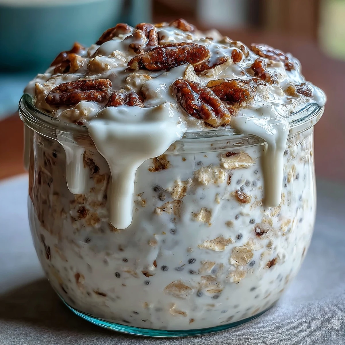 Stirred High-Protein Cinnamon Roll Overnight Oats in a glass jar with layered oats, yogurt, and cream cheese-style drizzle for an indulgent morning.