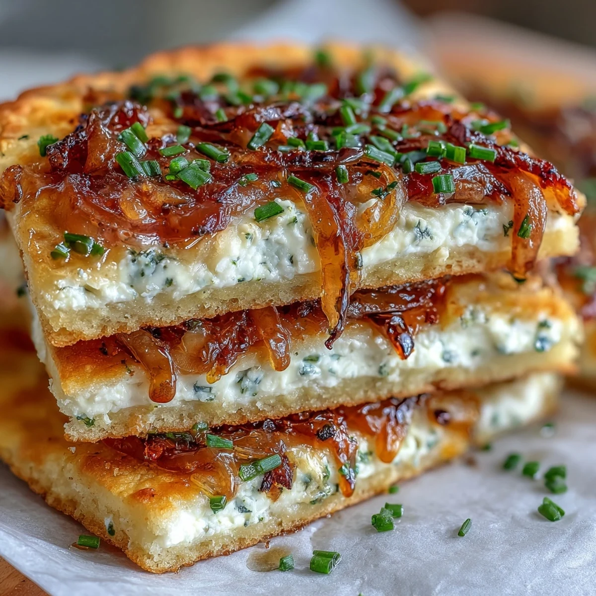 Golden-baked Goat Cheese & Caramelized Onion Flatbread topped with fresh thyme and a honey drizzle on a rustic wooden board.