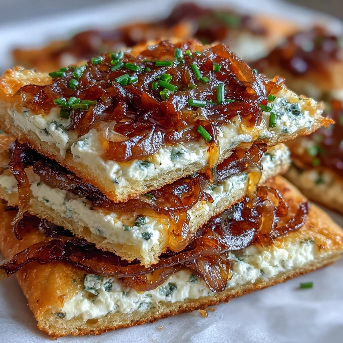 Freshly baked Goat Cheese & Caramelized Onion Flatbread slices with creamy cheese and golden onions, served warm from the oven.
